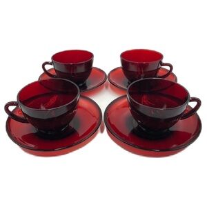 Vintage Set of 4 Ruby Red Glass Tea Cups and Saucers Set ARCOROC France